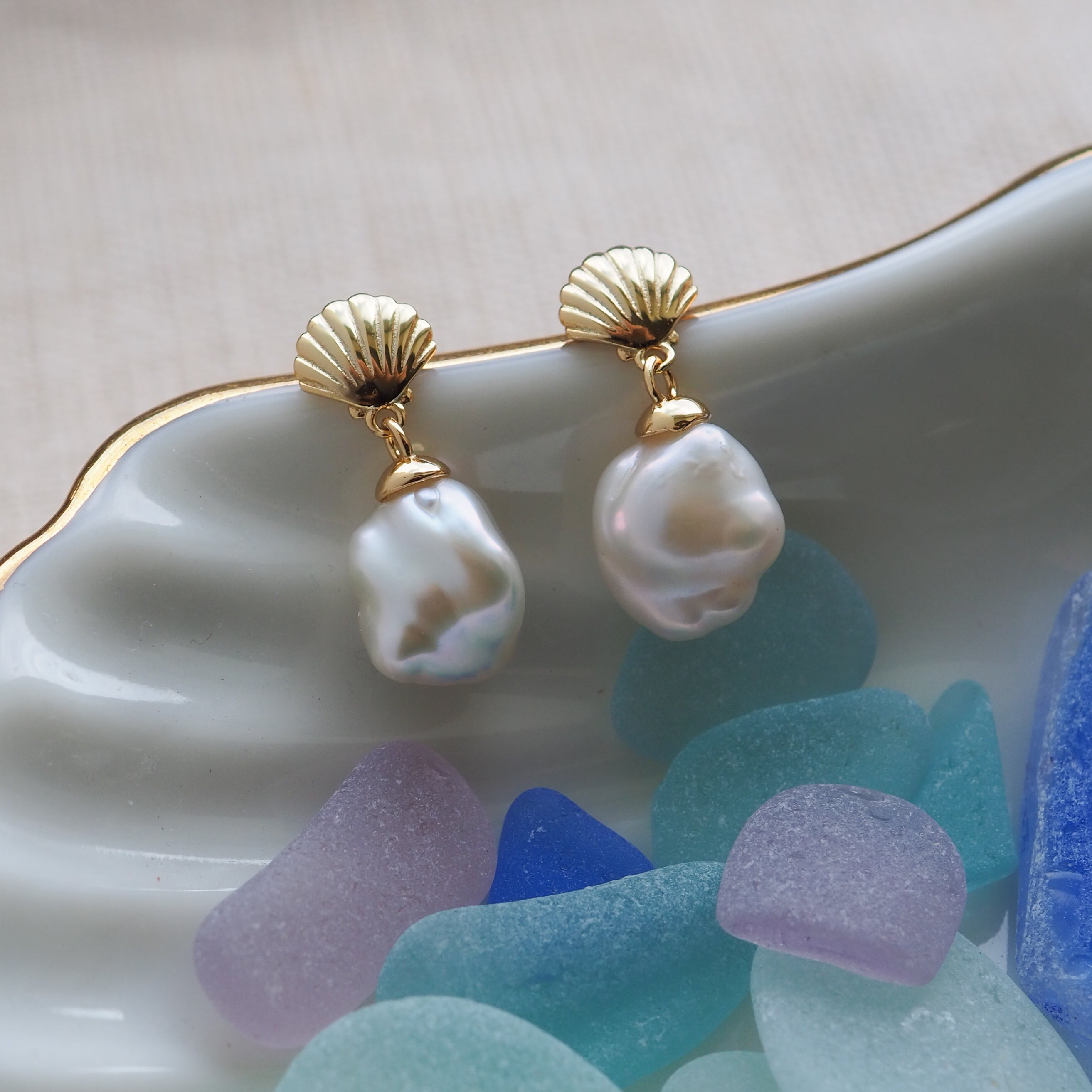 Ready To Post Shell Pearl Stud Earrings