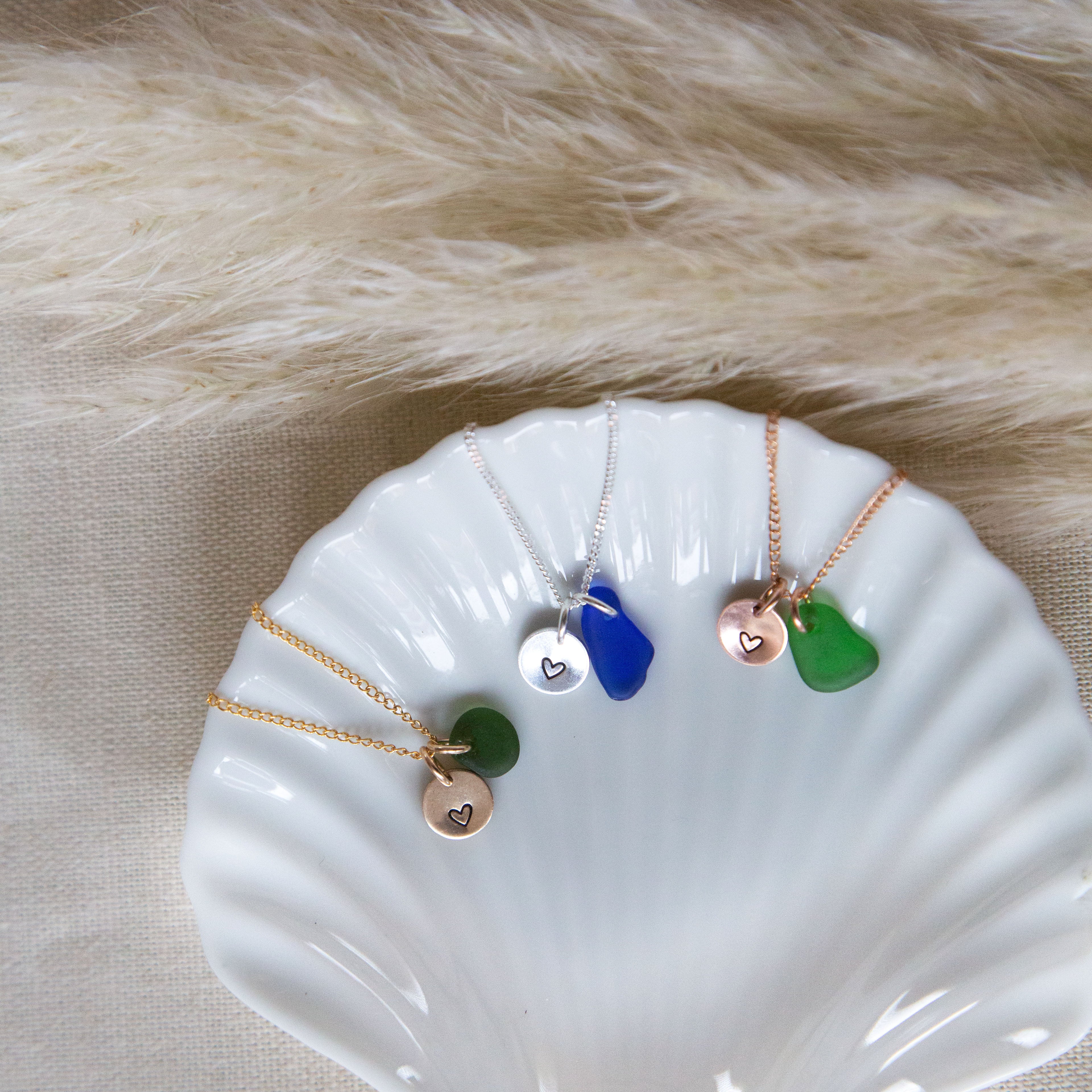 Gold hand stamped mini disc & sea glass necklace