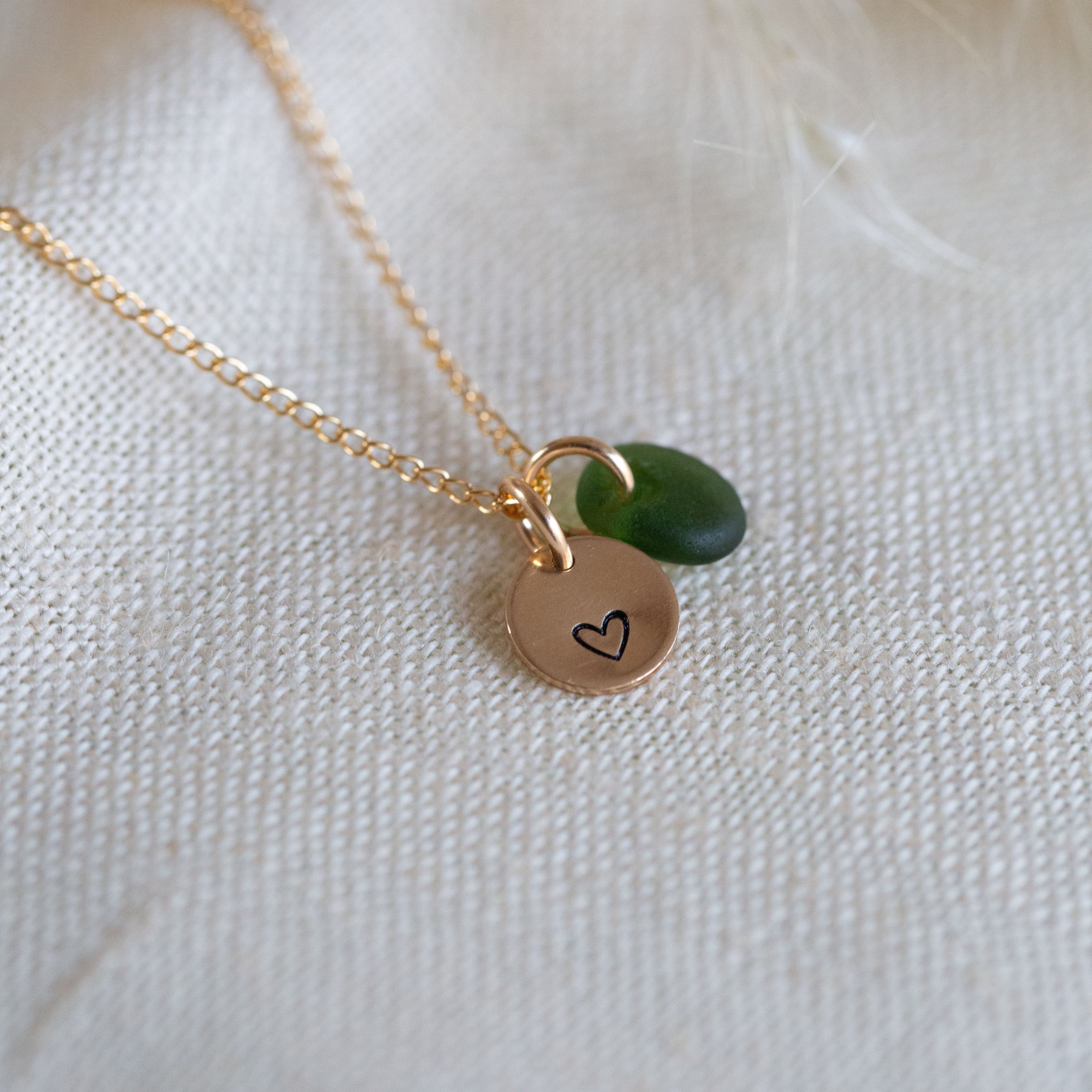 Gold hand stamped mini disc & sea glass necklace