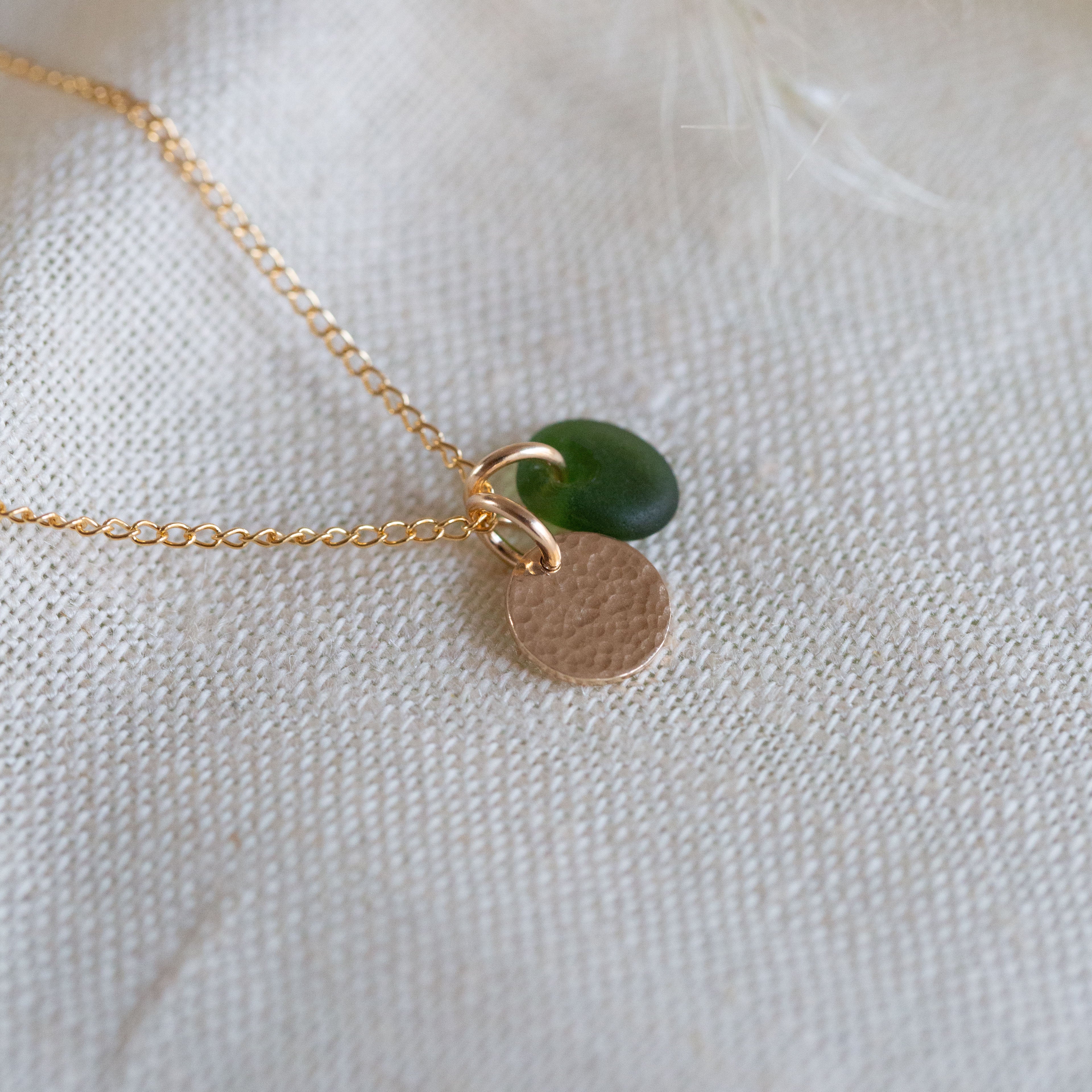 Gold hammered disc & sea glass necklace