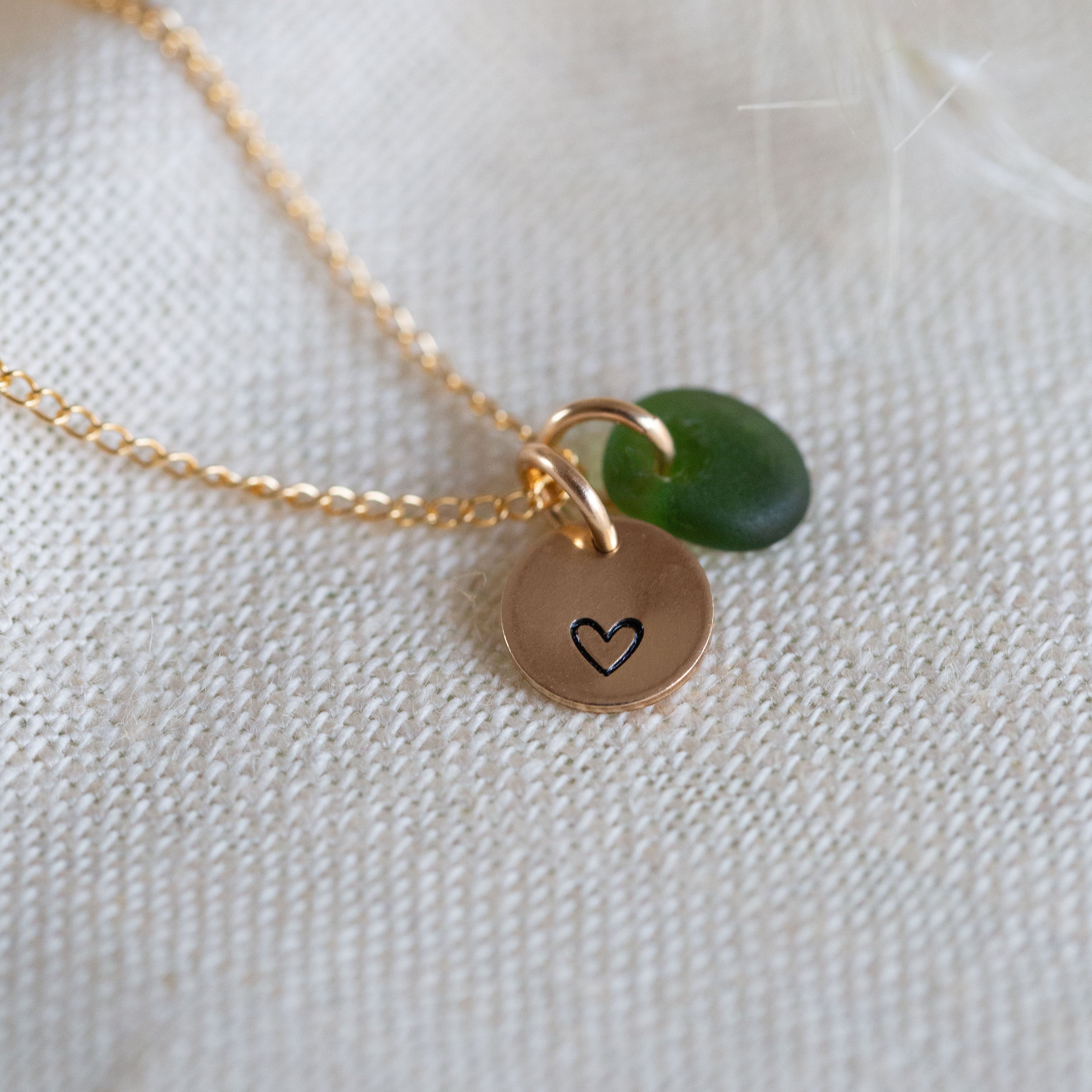 Gold hand stamped mini disc & sea glass necklace