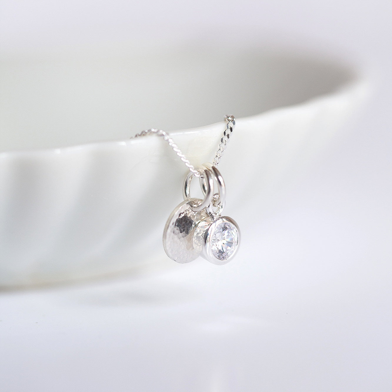 Silver hammered disc and birthstone necklace