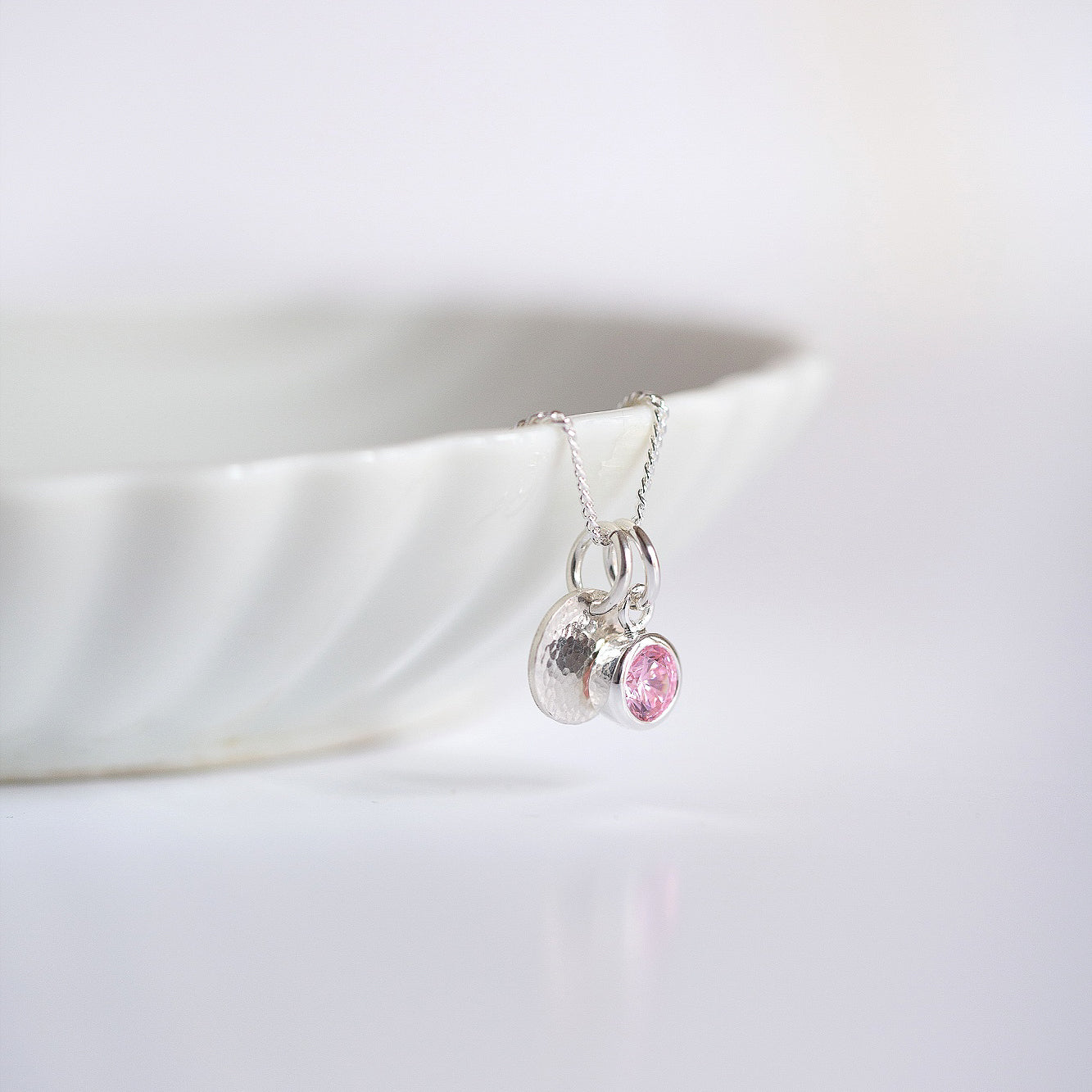 Silver hammered disc and birthstone necklace