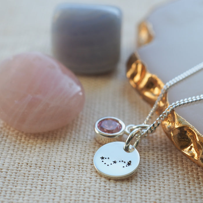 Silver Constellation Disc & Birthstone Necklace