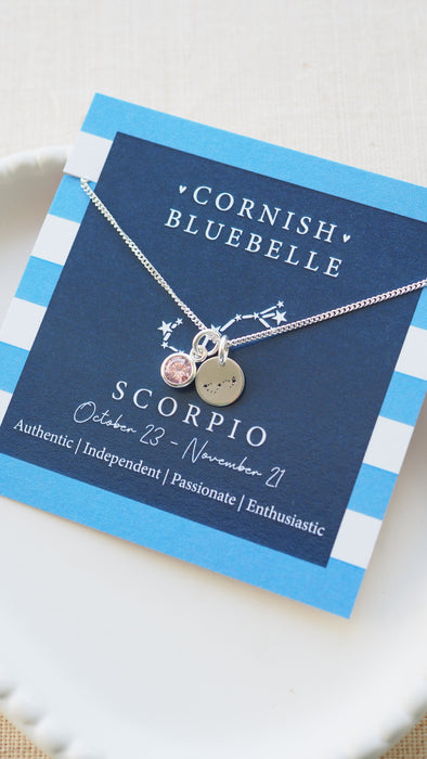 Silver Constellation Disc & Birthstone Necklace