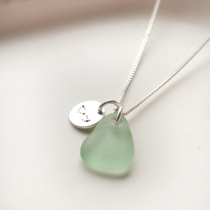 Silver Constellation Disc & Sea Glass Necklace