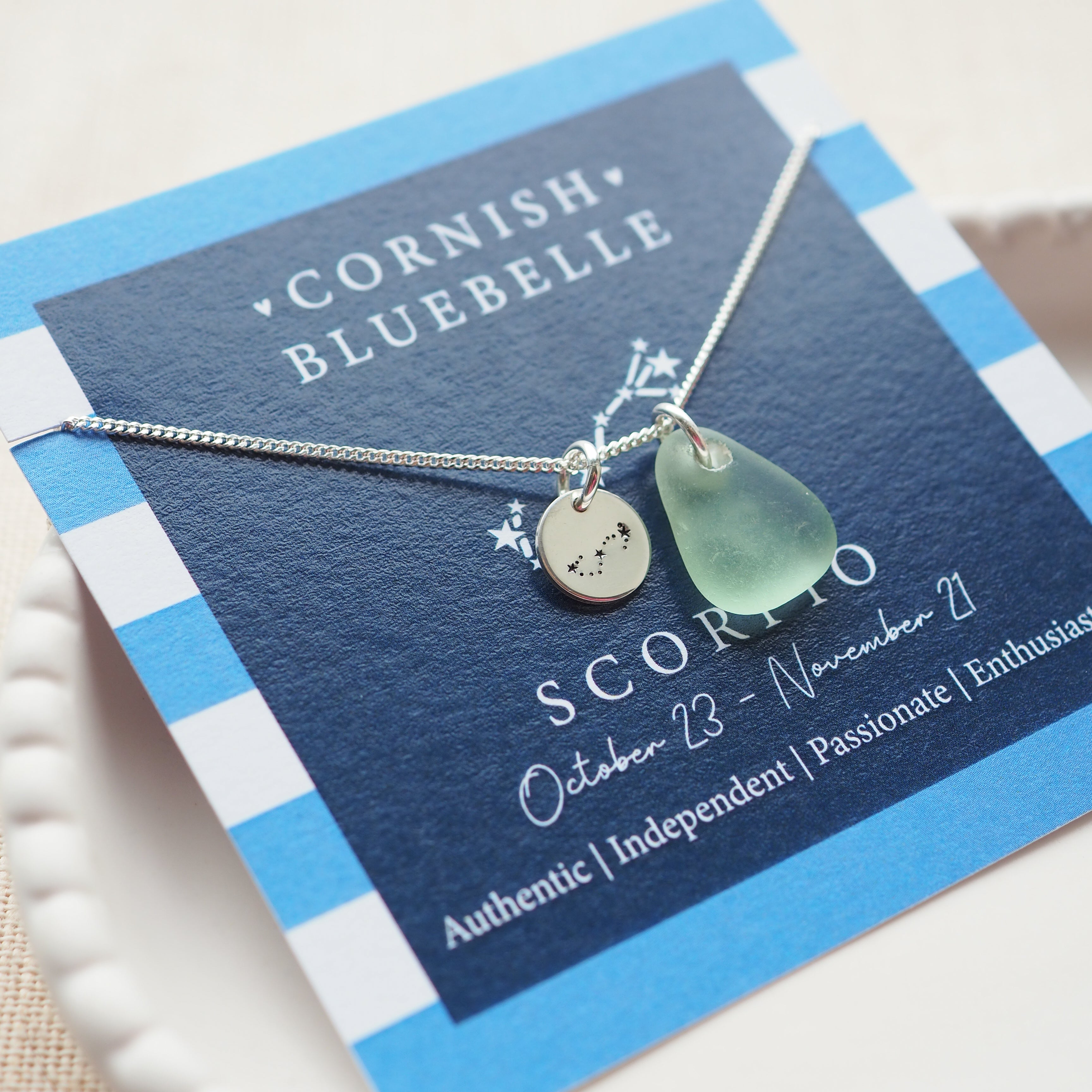 Silver Constellation Disc & Sea Glass Necklace