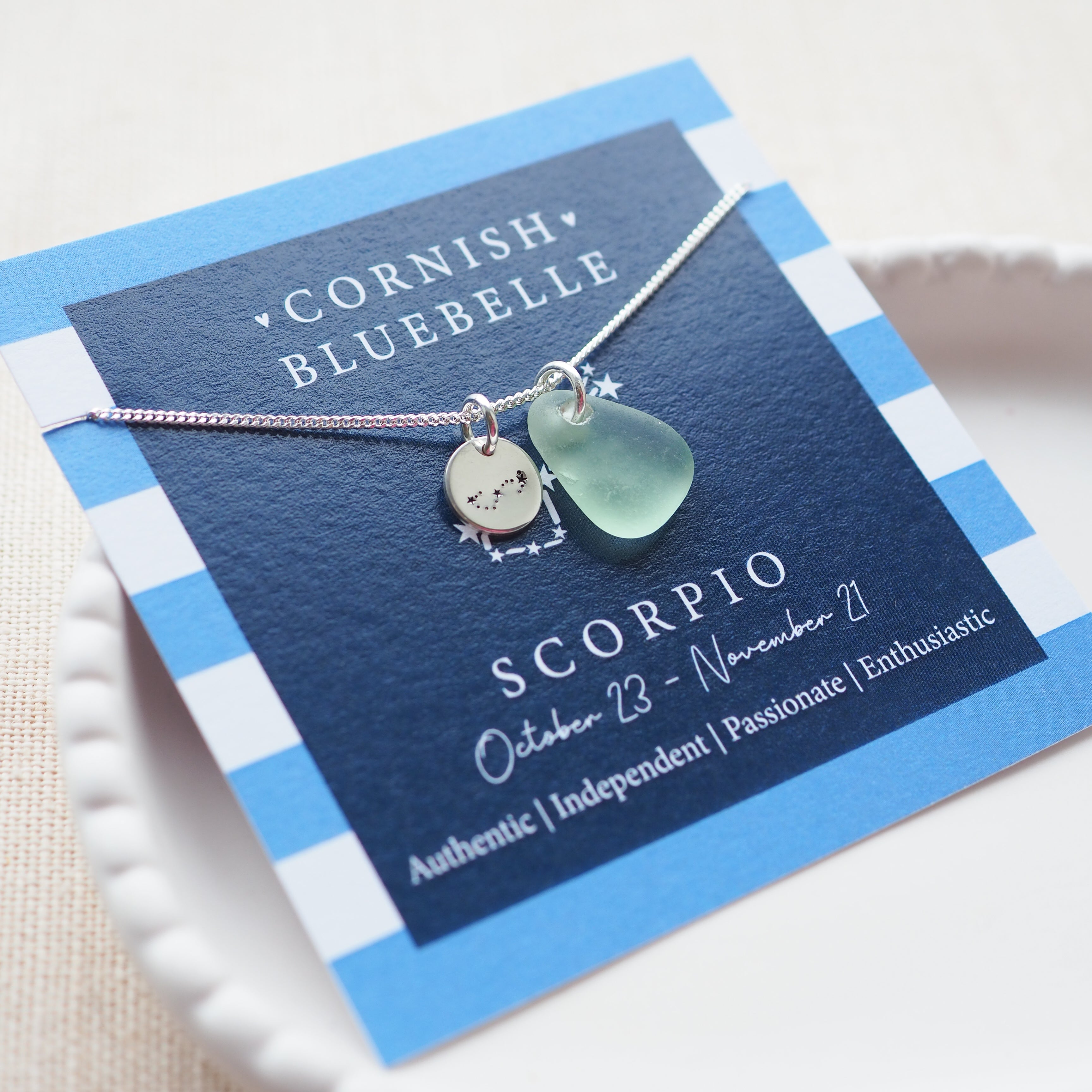 Silver Constellation Disc & Sea Glass Necklace