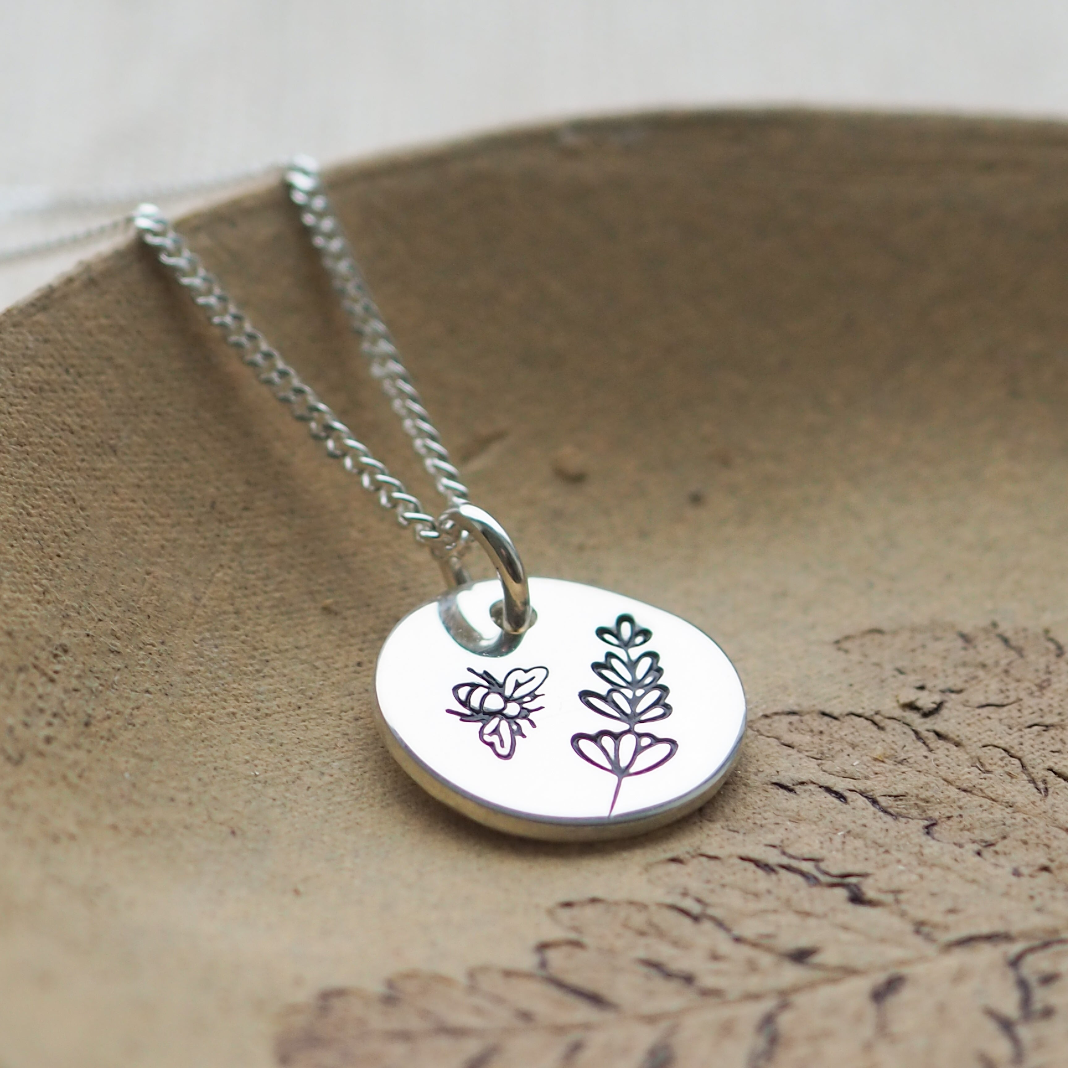 Lavender and bee disc necklace