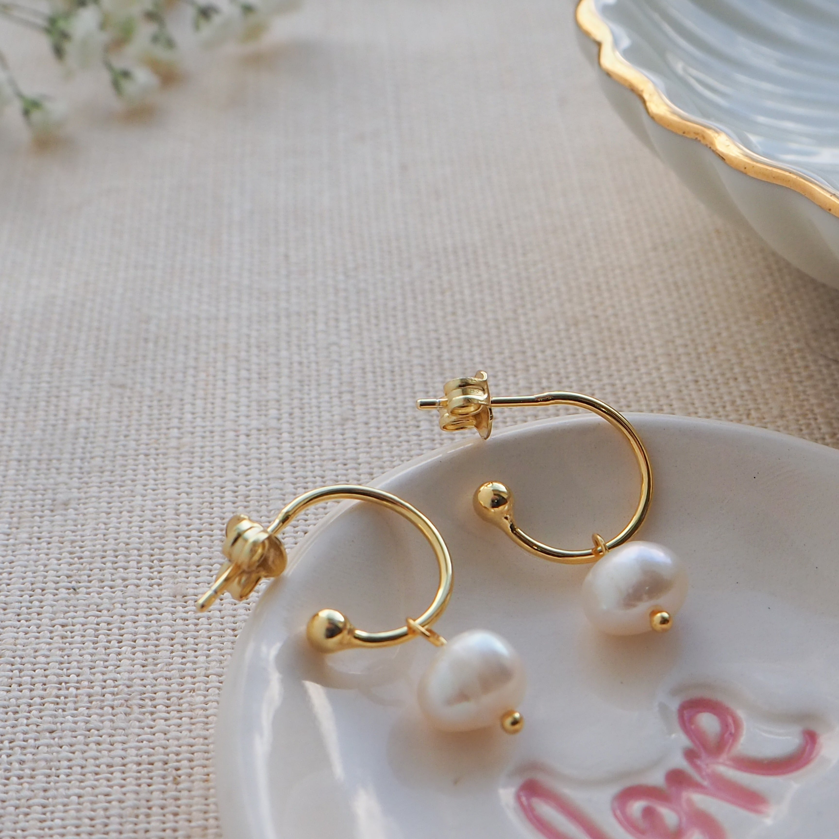 Gold Pearl Stud Hoops