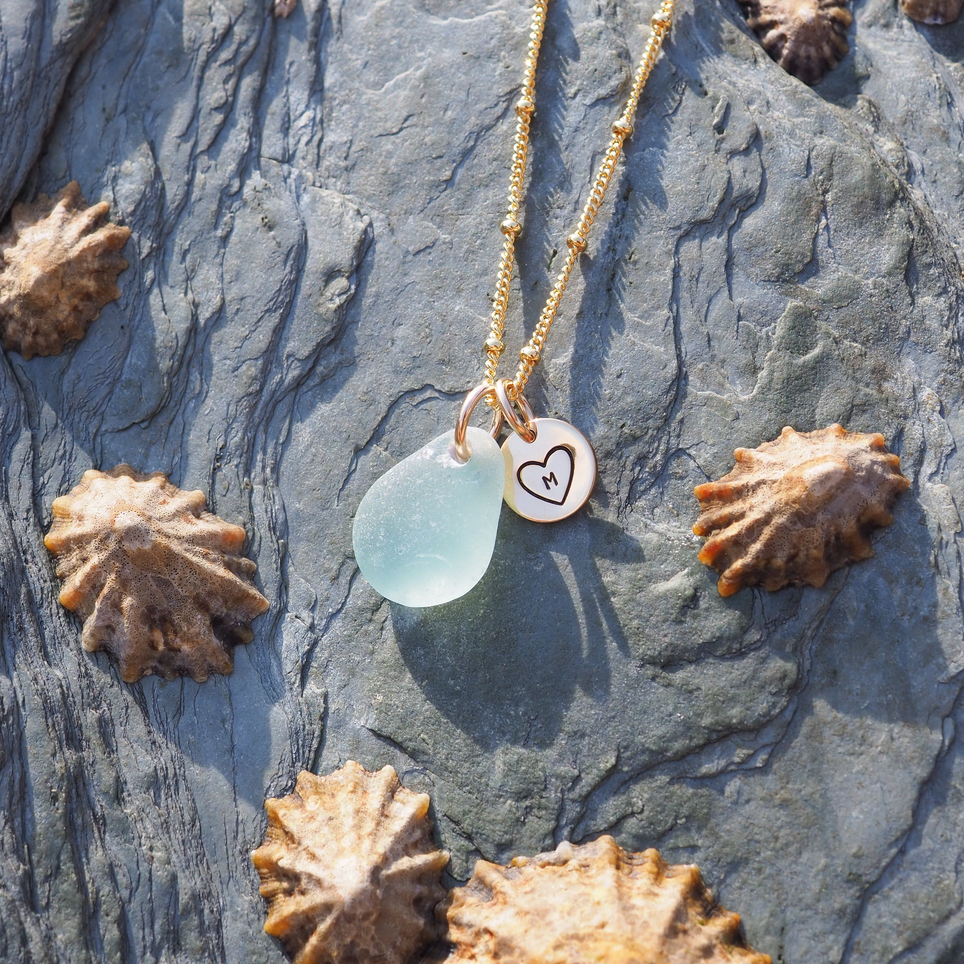 Gold hand stamped mini disc & sea glass necklace