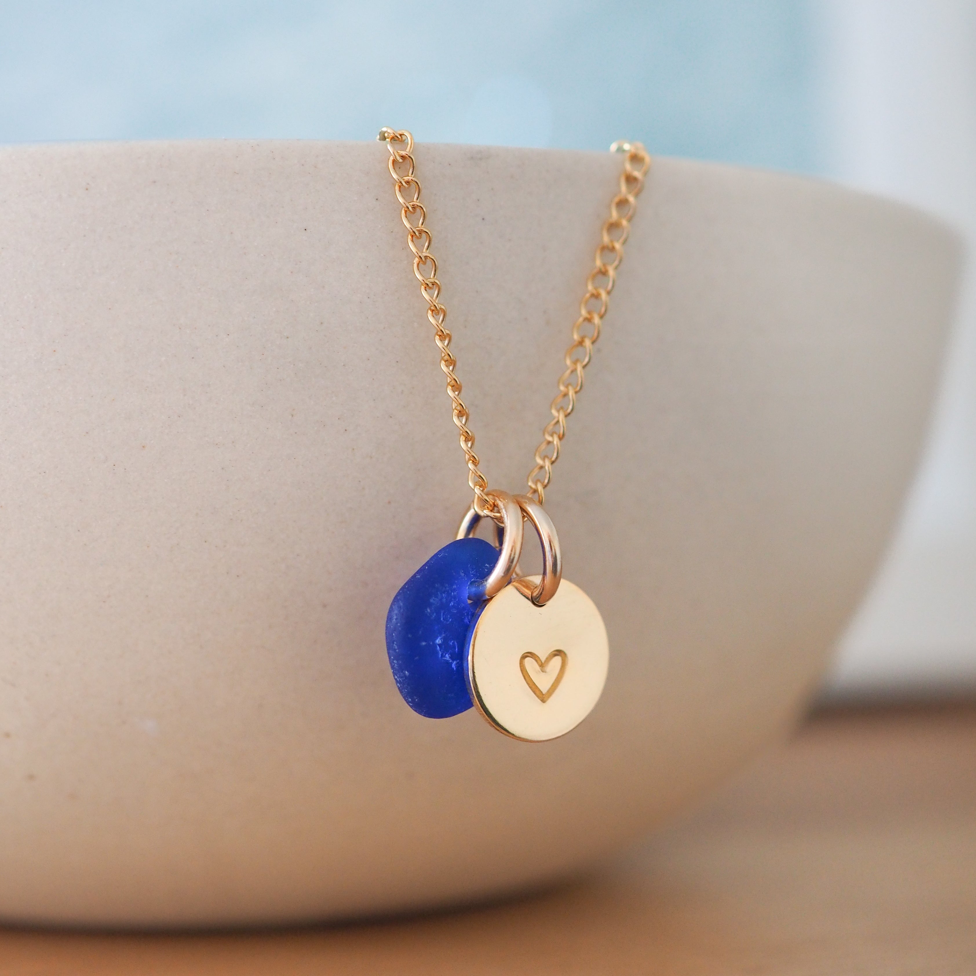 Gold hand stamped mini disc & sea glass necklace