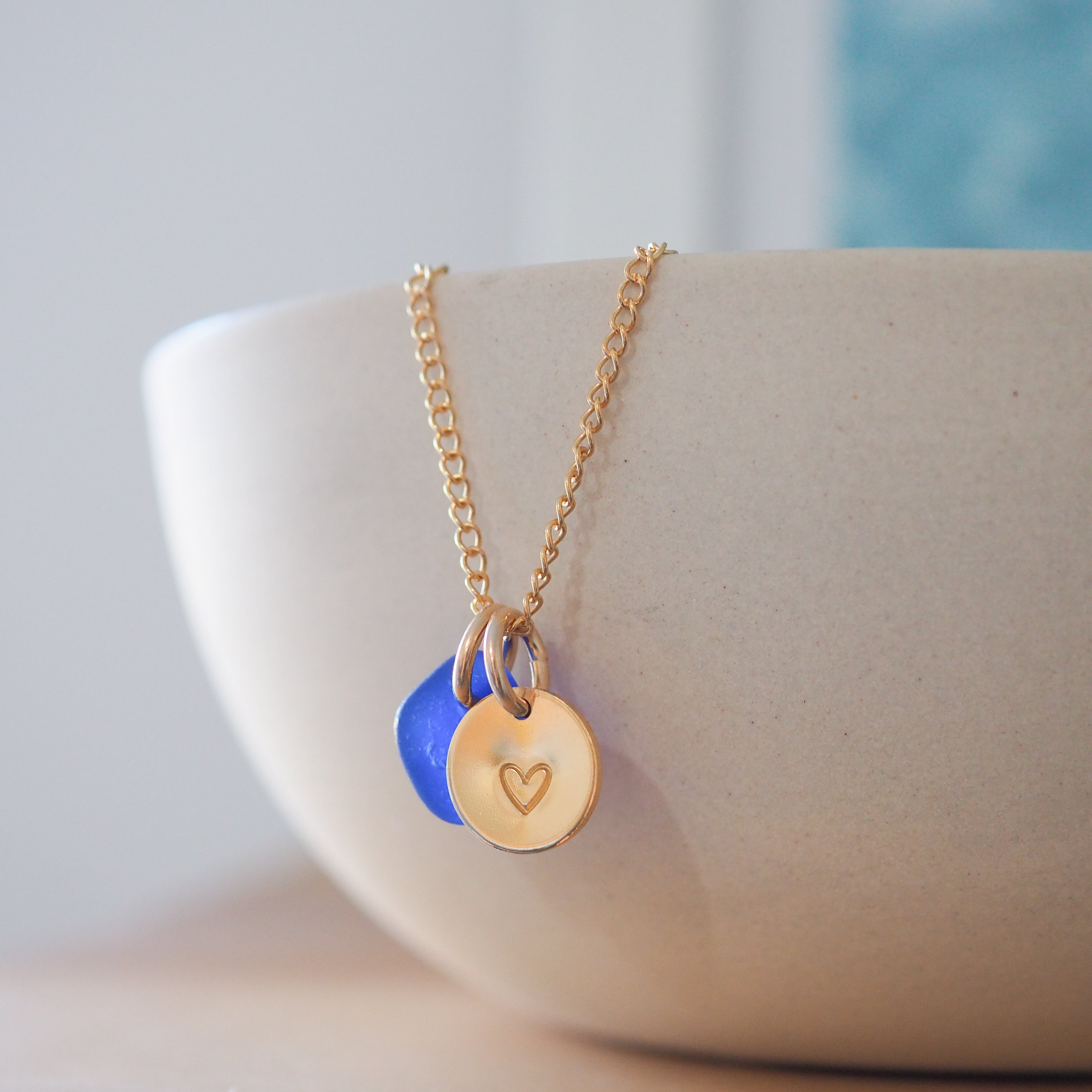 Gold hand stamped mini disc & sea glass necklace