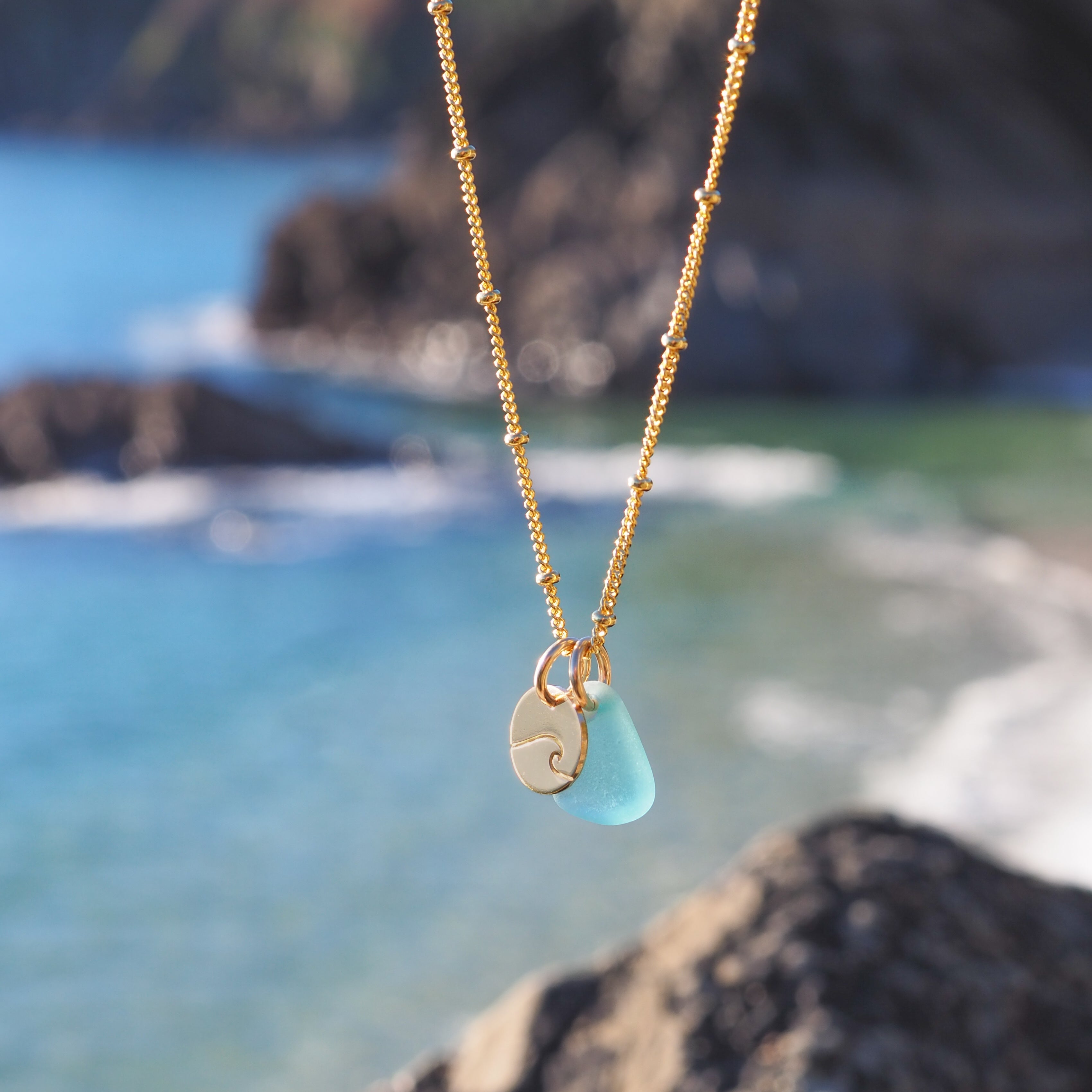Gold Wave Mini Disc & Sea Glass Necklace