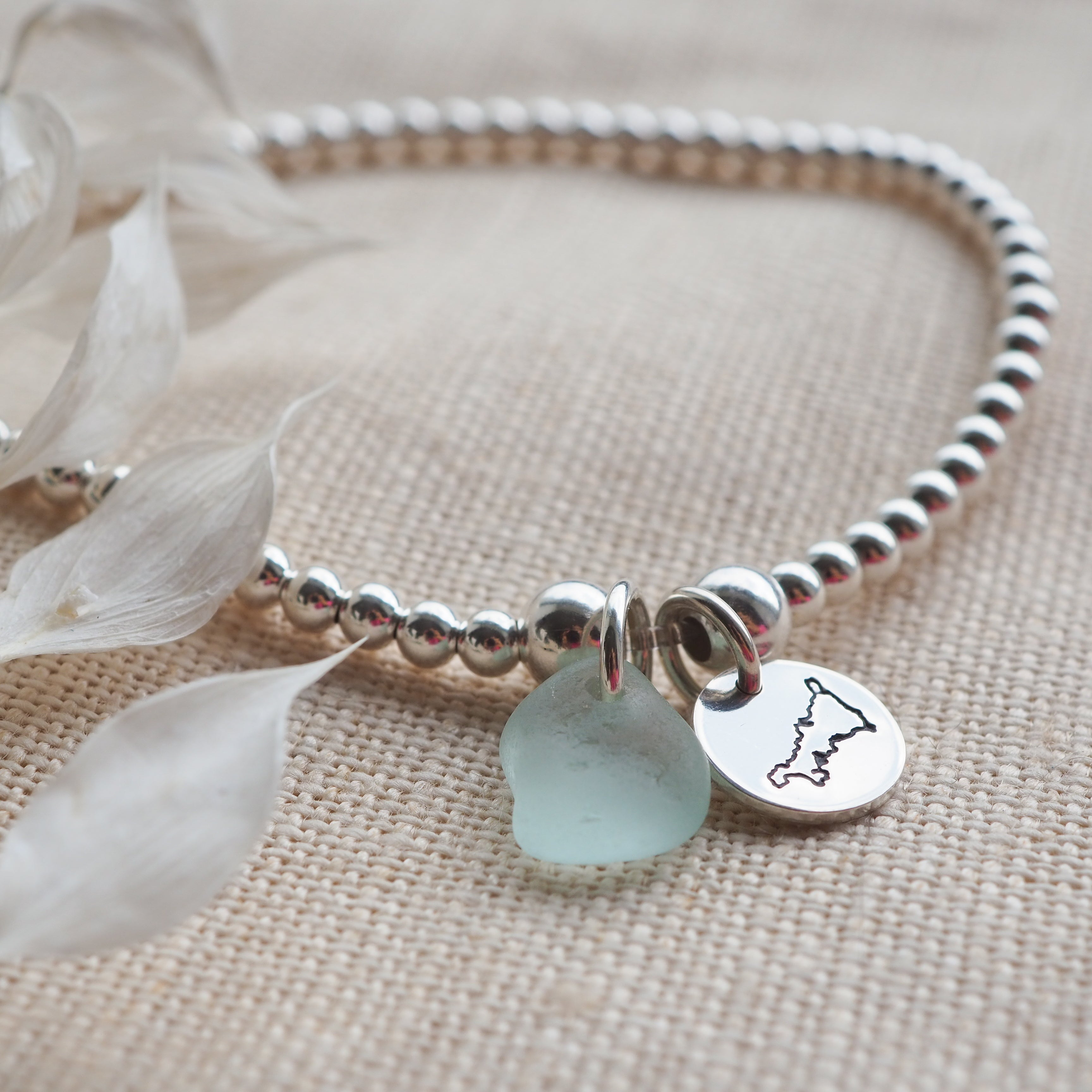 Cornwall & sea glass mini silver disc beaded bracelet