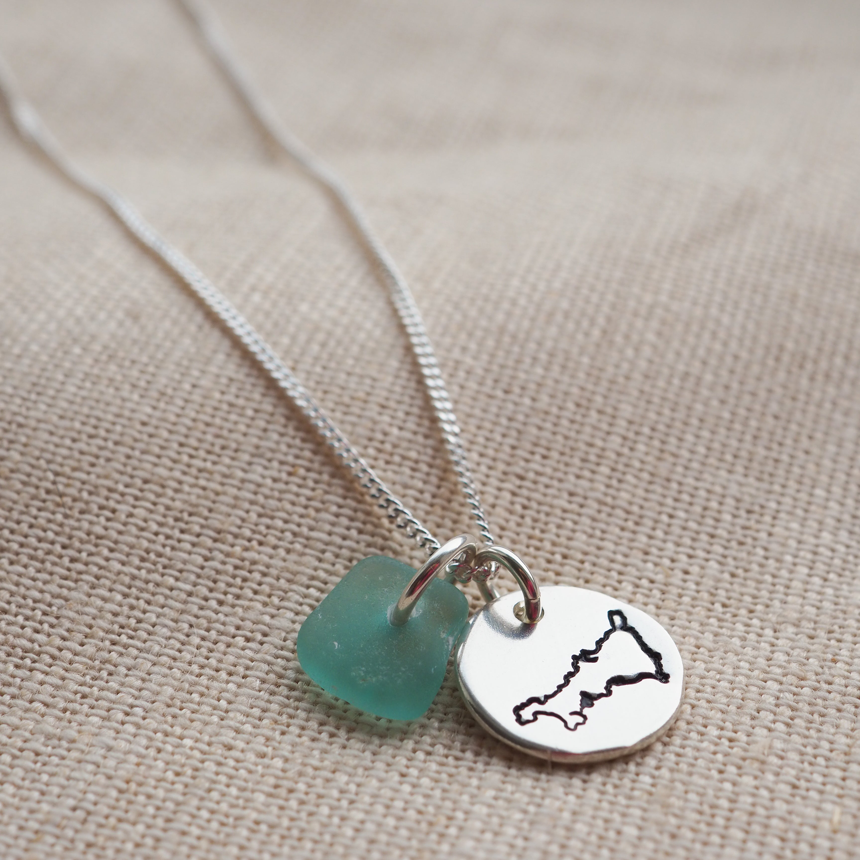 Cornwall & sea glass silver midi disc necklace