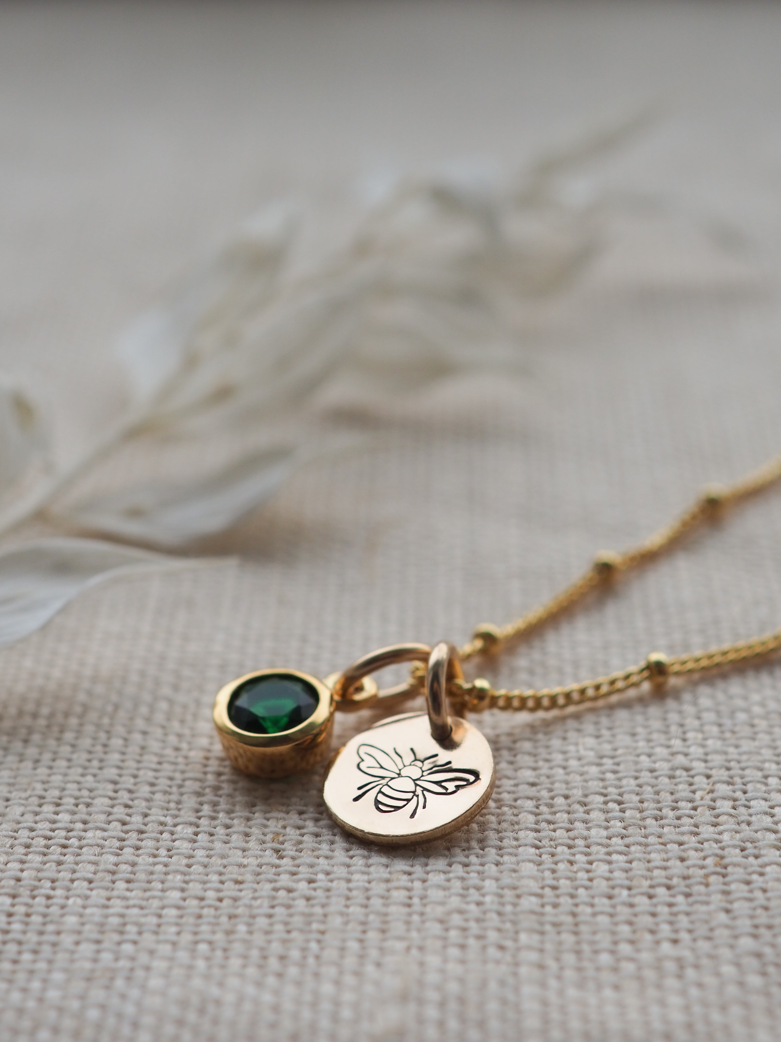 Bumble bee & birthstone gold mini disc necklace