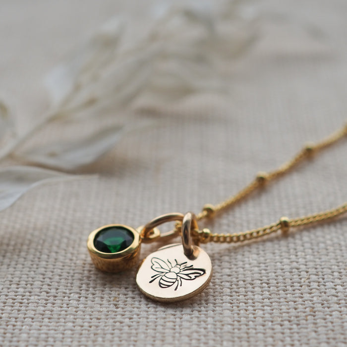 Bumble bee & birthstone gold mini disc necklace