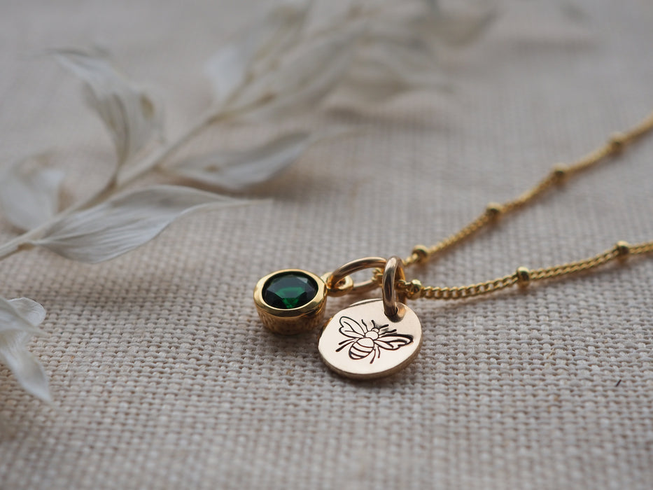 Bumble bee & birthstone gold mini disc necklace