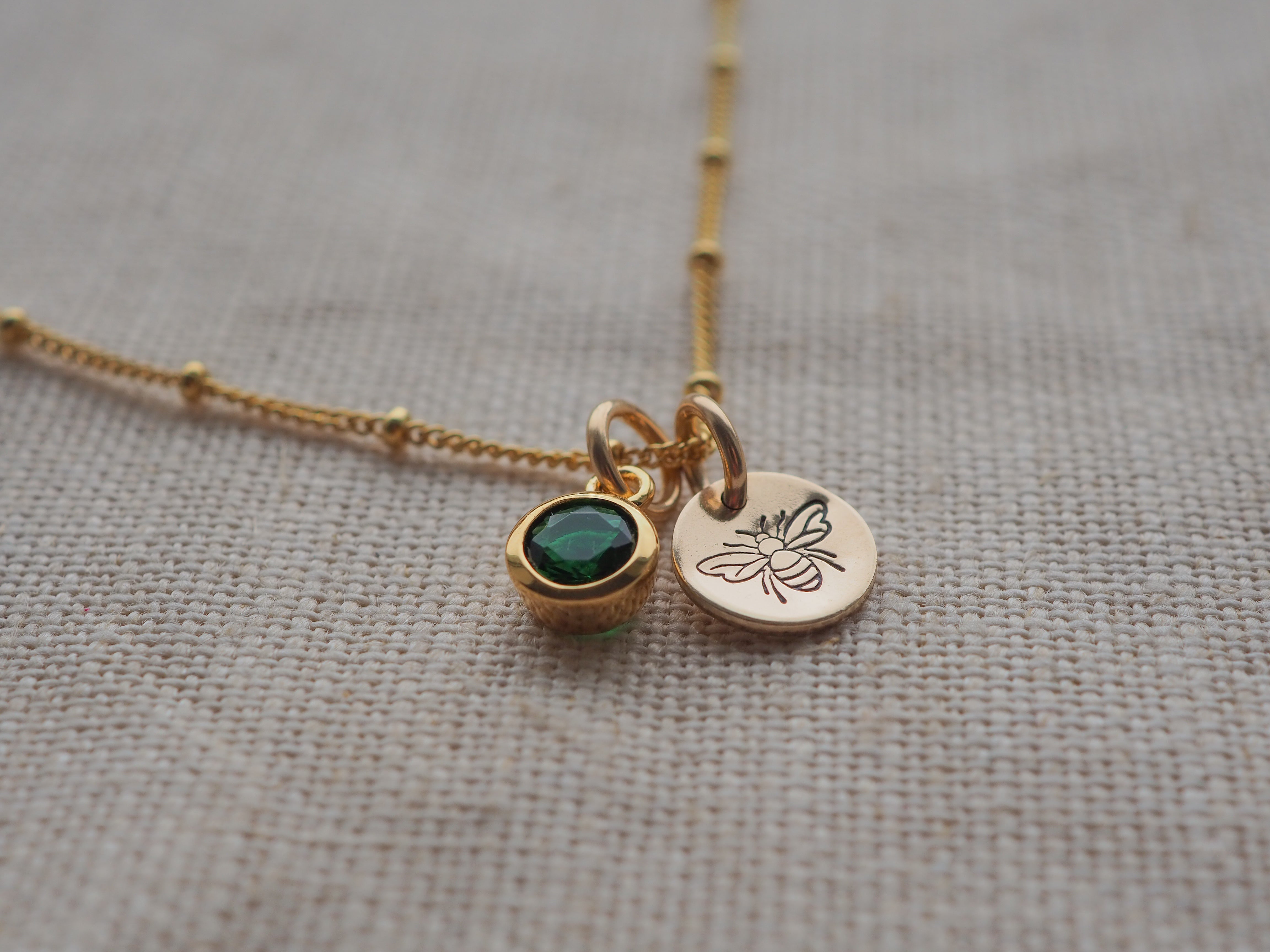 Bumble bee & birthstone gold mini disc necklace