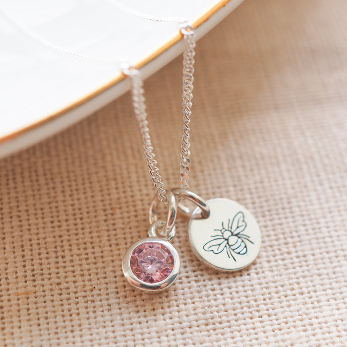 Bumble bee & birthstone silver mini disc necklace