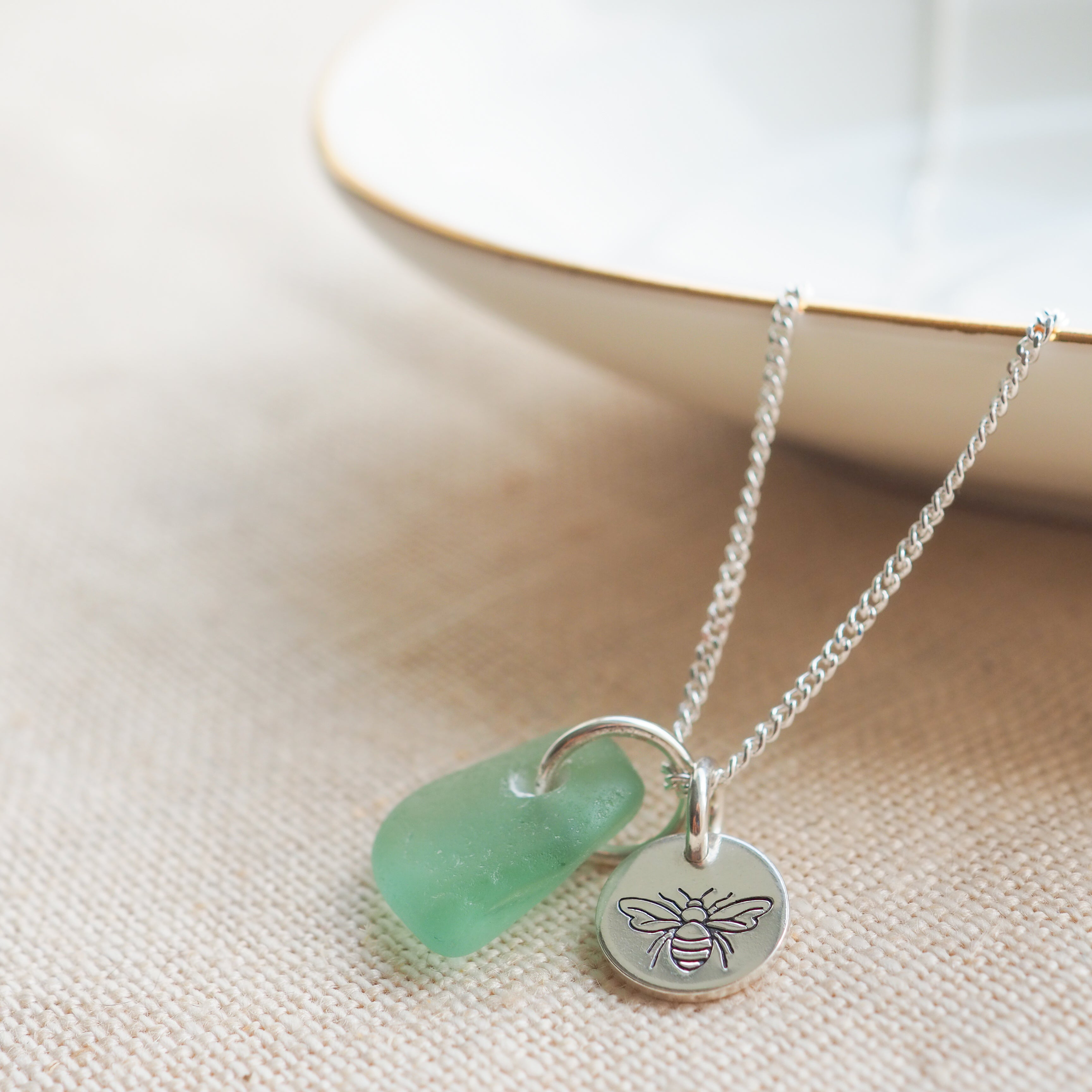 Bumble bee & sea glass silver mini disc necklace