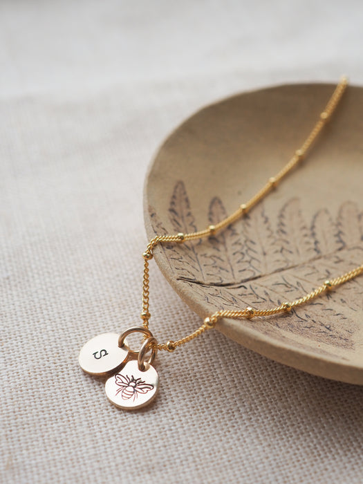 Bumble bee & personalised mini disc necklace