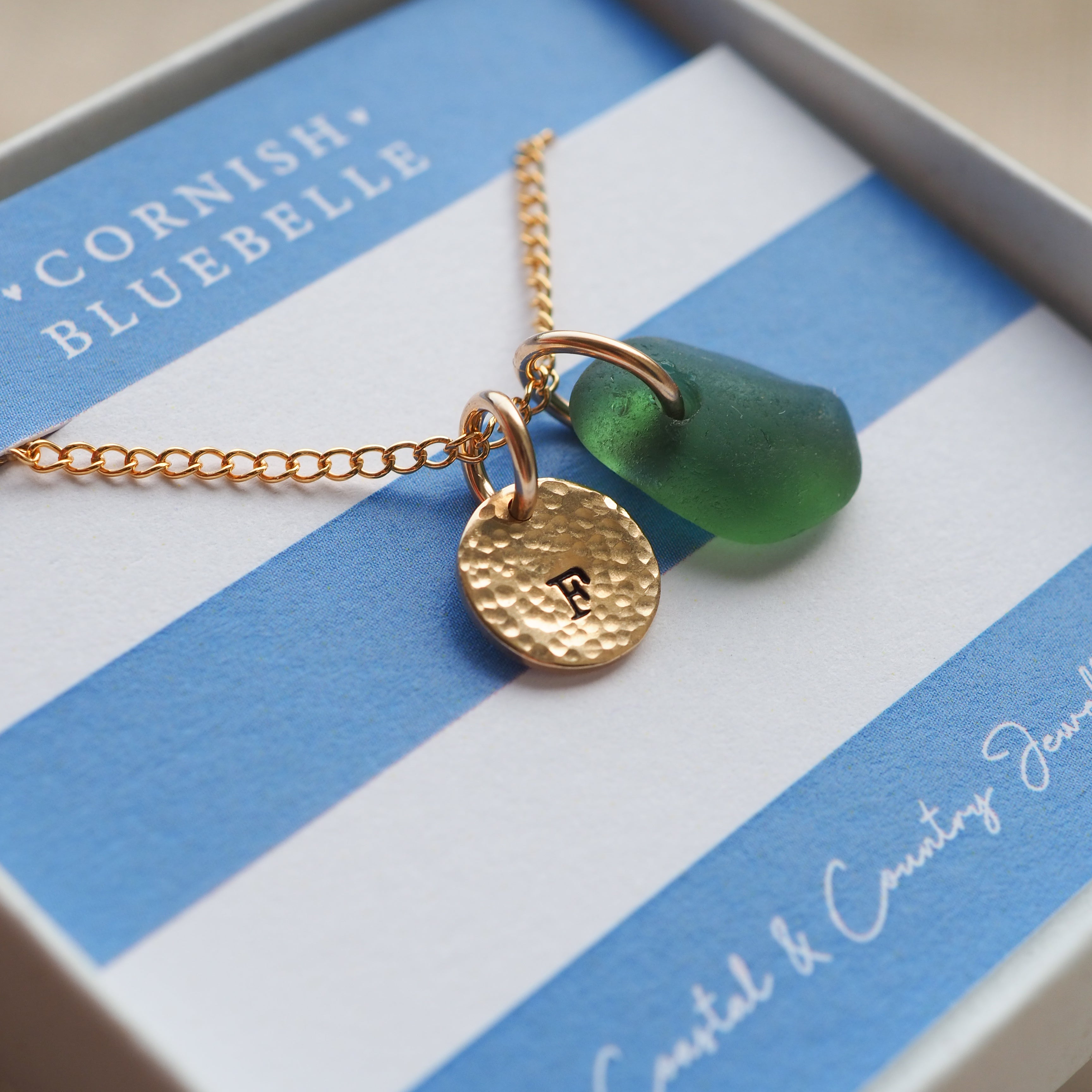 Gold hand stamped mini disc & sea glass necklace