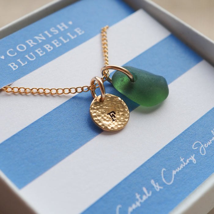 Gold hand stamped mini disc & sea glass necklace