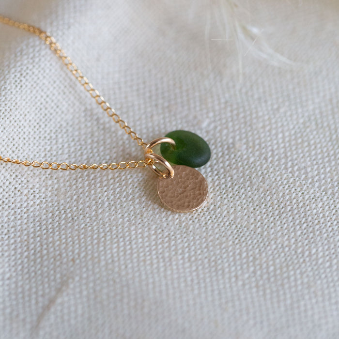 Gold hammered disc & sea glass necklace