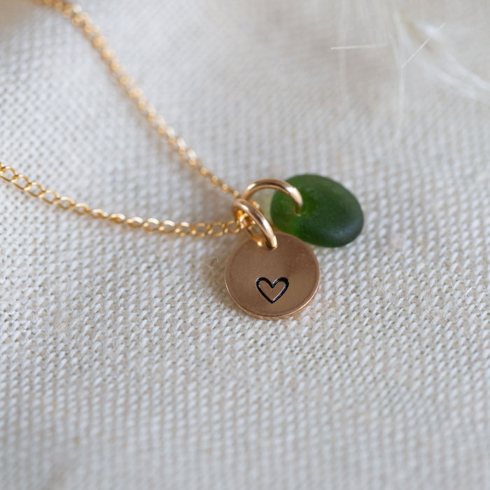 Gold hand stamped mini disc & sea glass necklace
