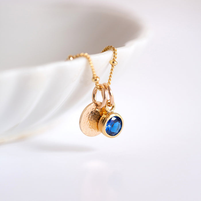 Gold hammered disc and birthstone necklace