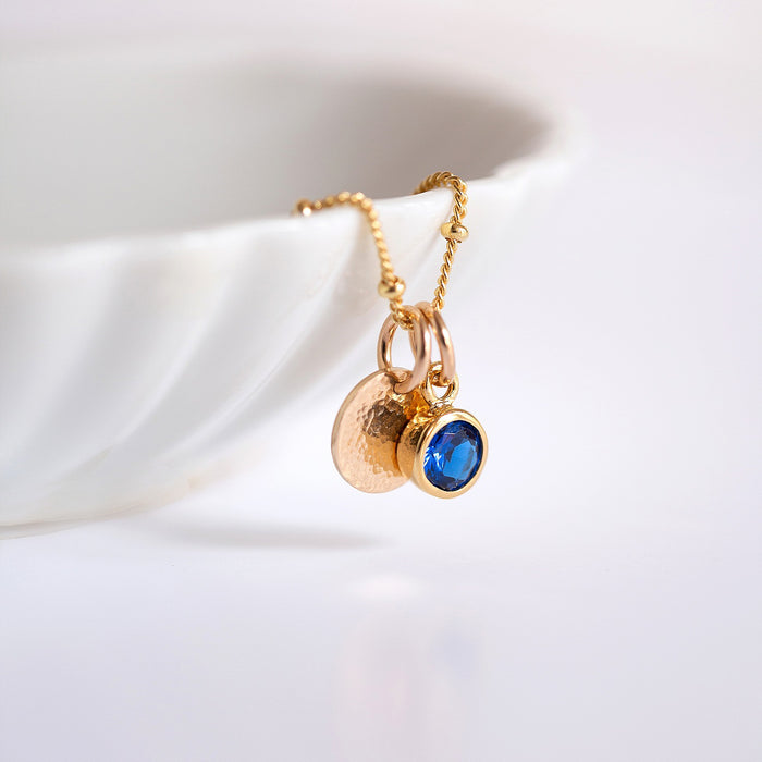 Gold hammered disc and birthstone necklace