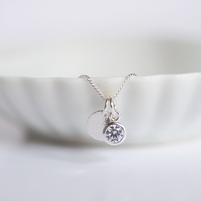 Silver hammered disc and birthstone necklace