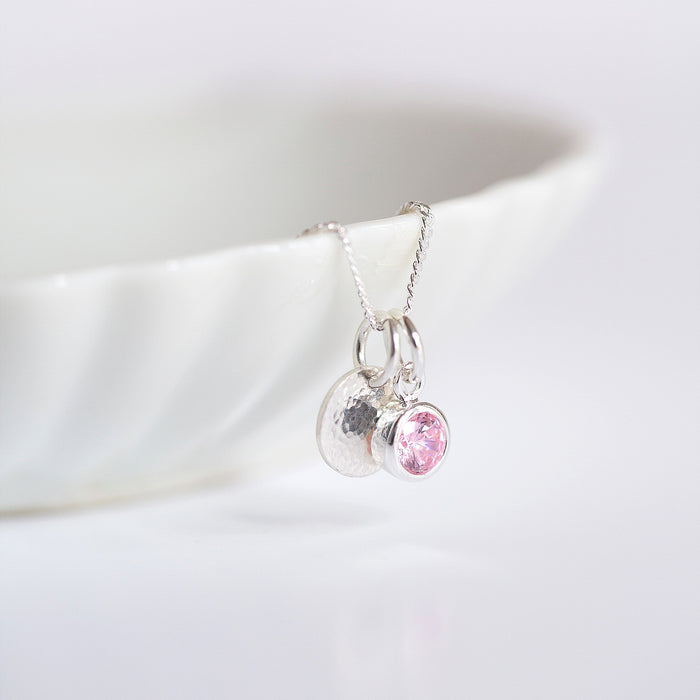 Silver hammered disc and birthstone necklace