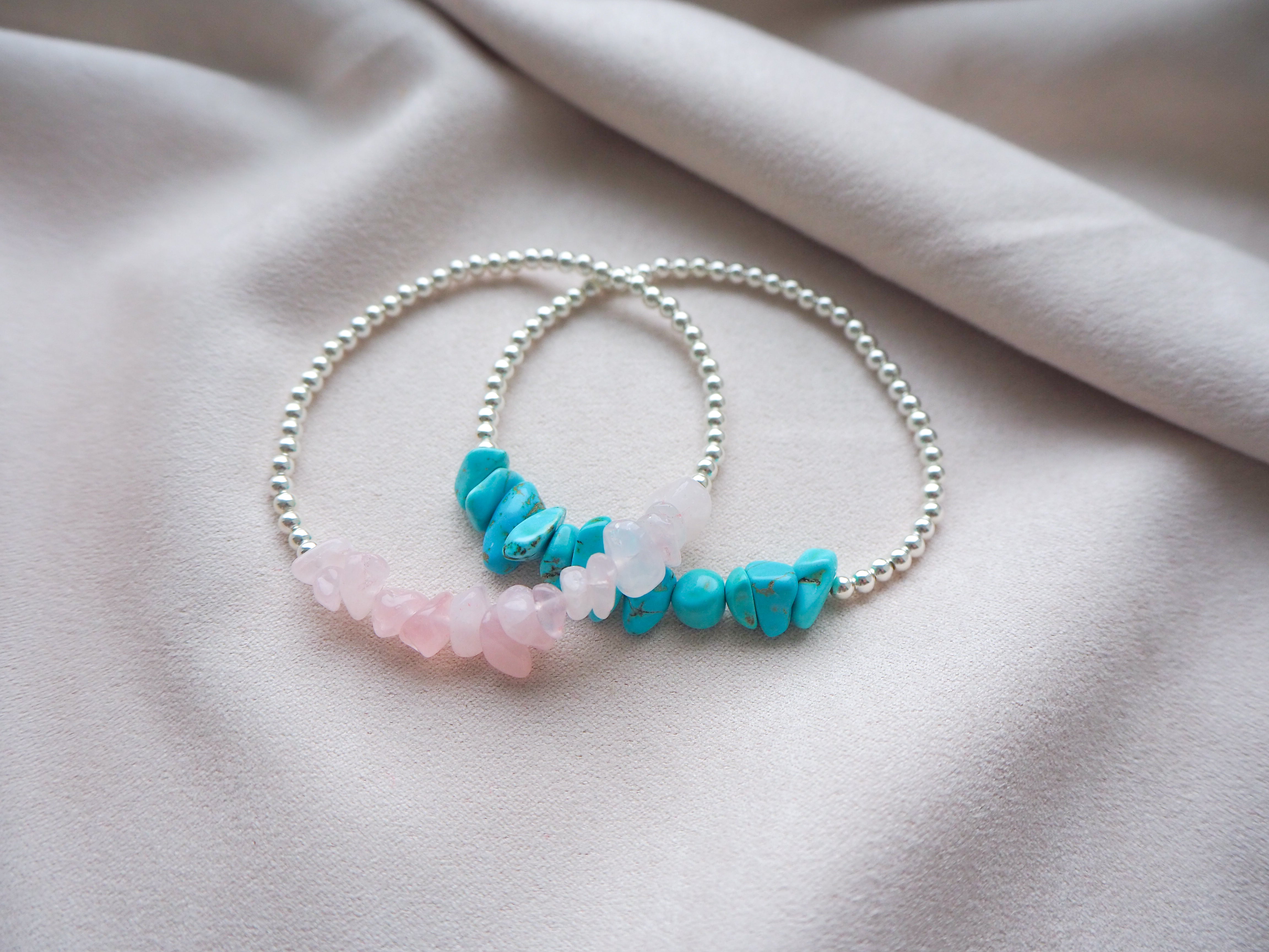 Sterling silver & rose quartz crystal chip bracelet