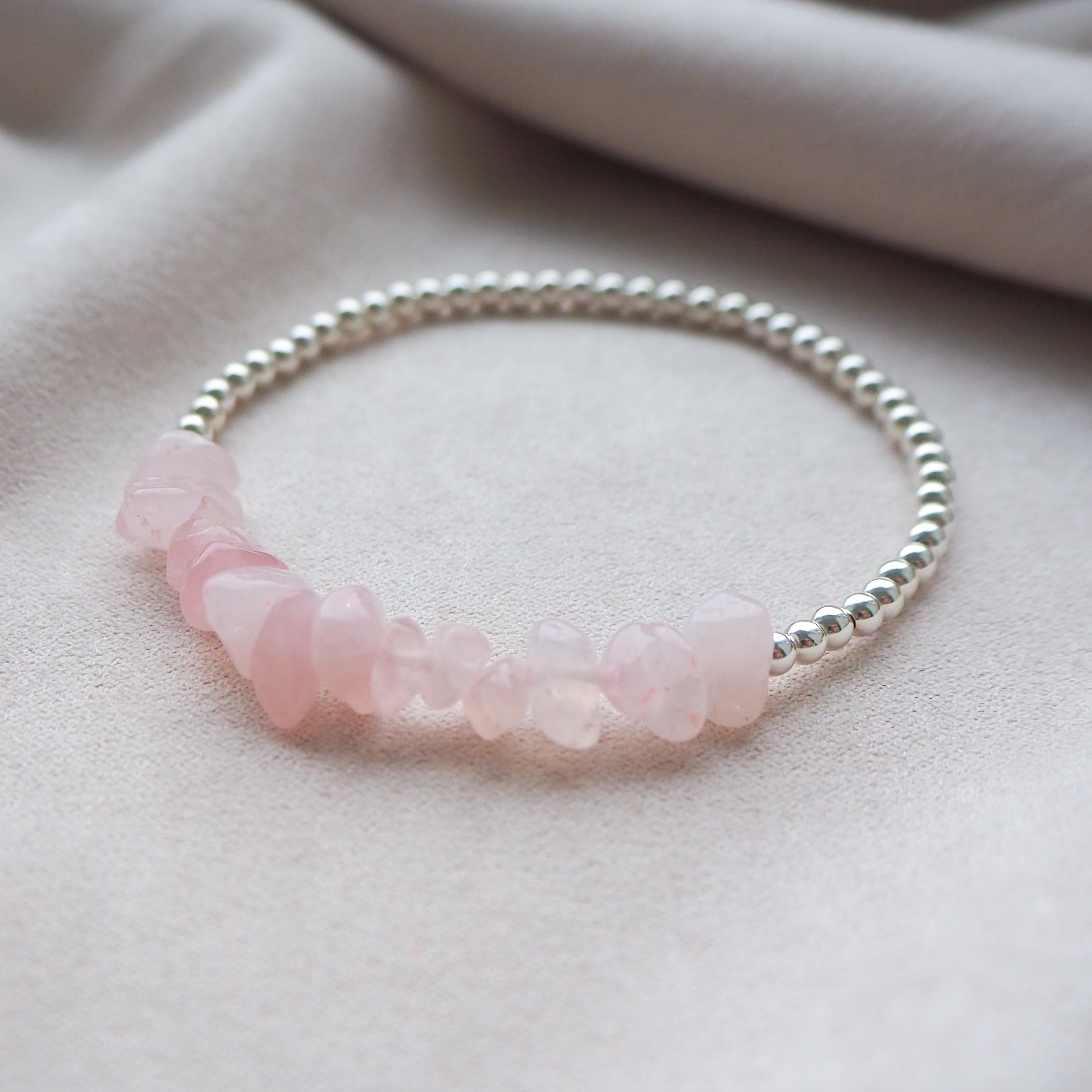 Sterling silver & rose quartz crystal chip bracelet