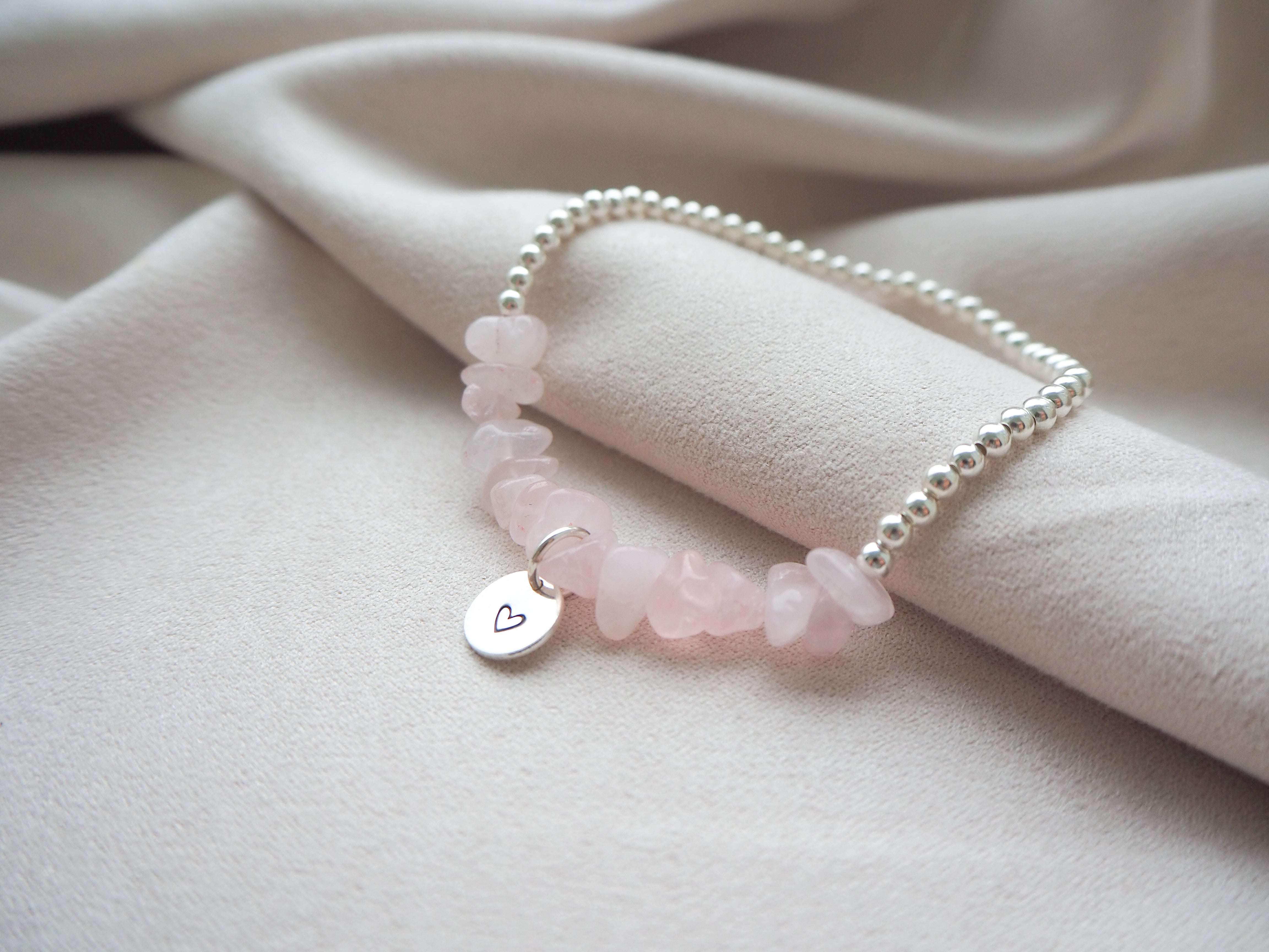 Sterling silver & rose quartz crystal chip bracelet