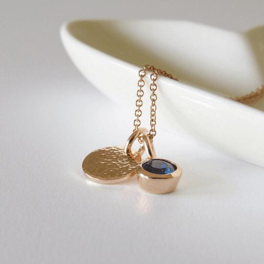 Gold hammered disc and birthstone necklace