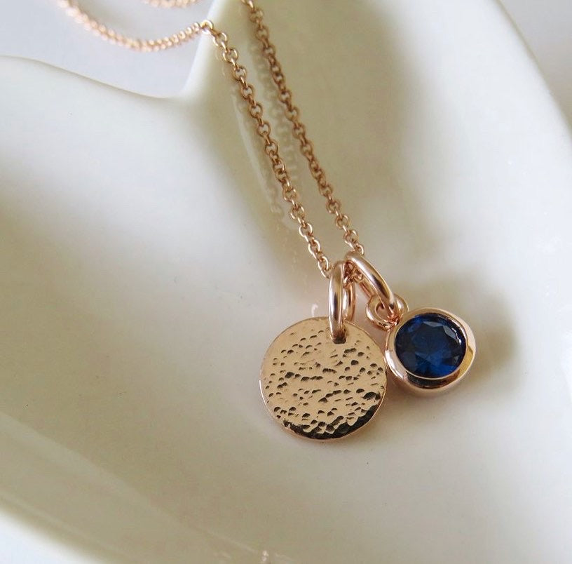 Gold hammered disc and birthstone necklace