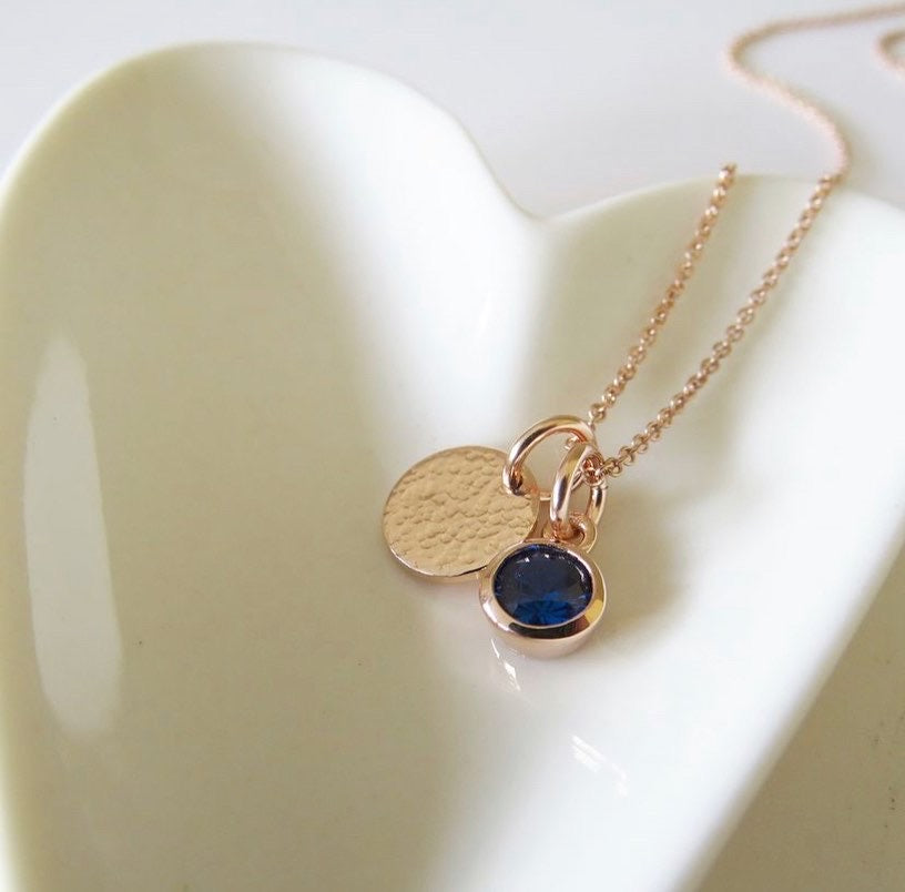 Gold hammered disc and birthstone necklace