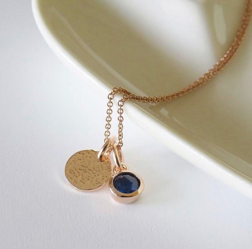 Gold hammered disc and birthstone necklace